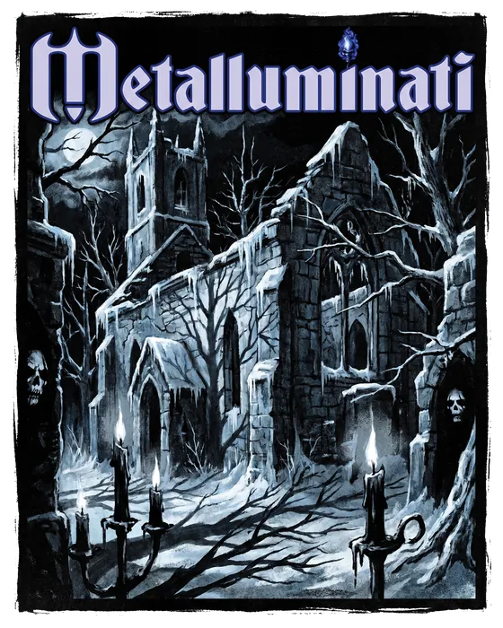 Shirt design: a frozen ruined chapel by candlelight under the Metalluminati wordmark